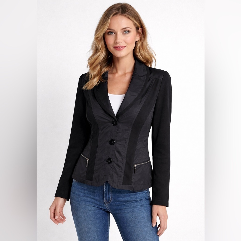 CHICOS Black Blazer Jacket XL - Stylish Long Sleeve with Zippered Pockets. EUC